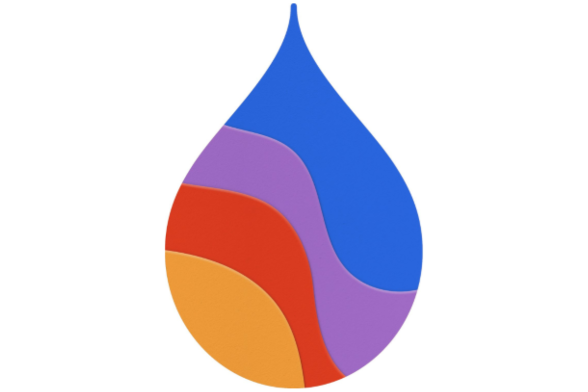 Colourful droplet-shaped design with layered curves in blue, purple, red, and orange on a white background.